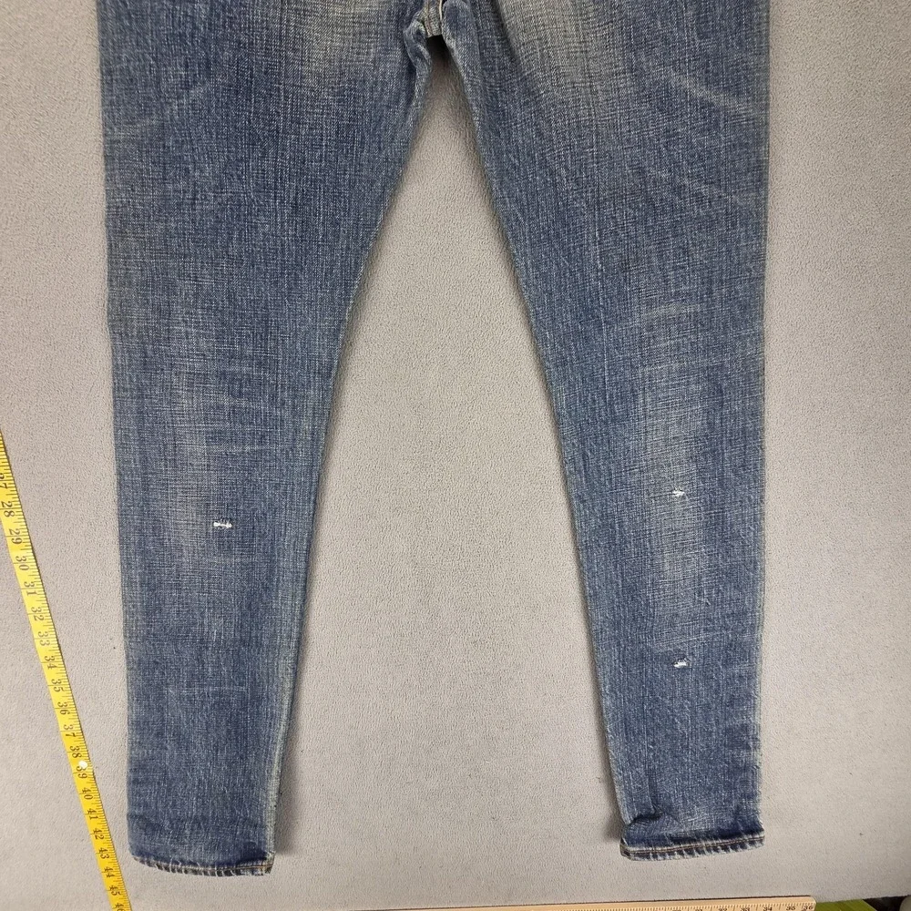 Selvedge Jeans Womens Blue Thrashed Patchwork Plaid Whiskers Studded‎ Fits 27x30